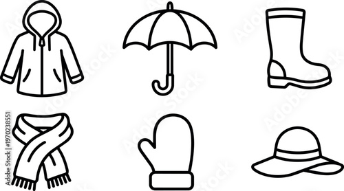Line art umbrella raincoat boot scarf mitten and hat icons