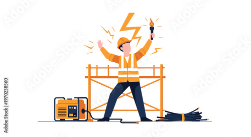 A brave electrical worker wearing a yellow hardhat holds a flaming torch high while standing amidst powerful lightning strikes near a portable generator.
