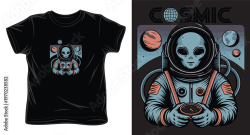 Cosmic alien astronaut character holding compass in outer space with planets background