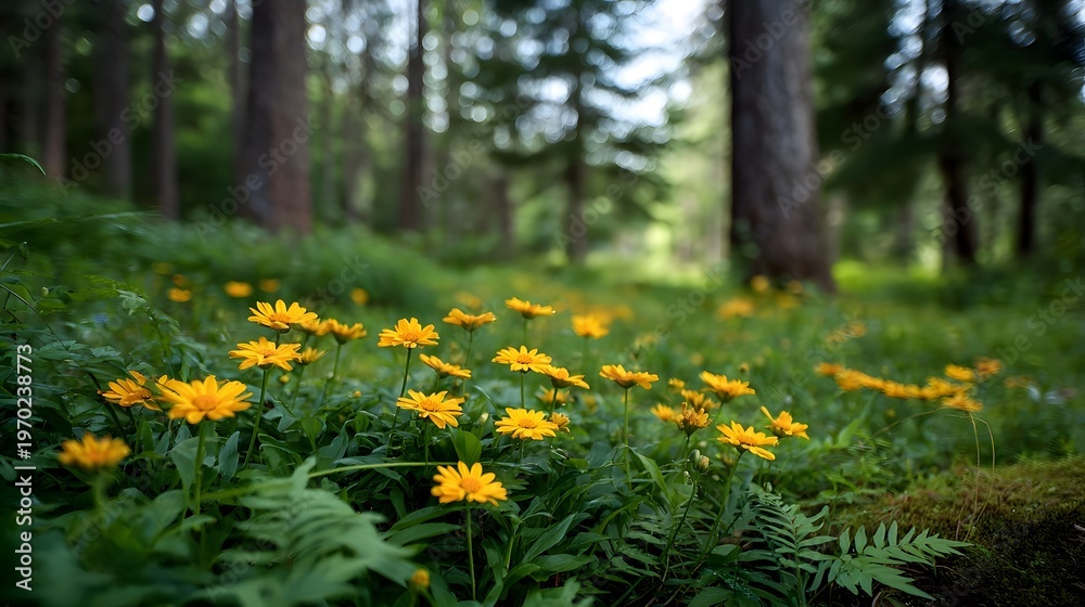 Obraz premium Vibrant yellow wildflowers bloom in a lush sunlit forest clearing surrounded by green foliage and tall trees