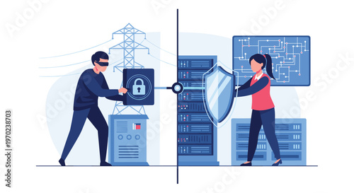 A determined IT security professional uses a digital shield to protect a server room from a masked hacker attempting to bypass a secure electronic lock.