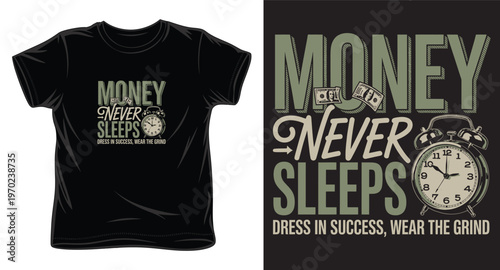 Money never sleeps quote with alarm clock and dollar bills, dress in success, wear the grind