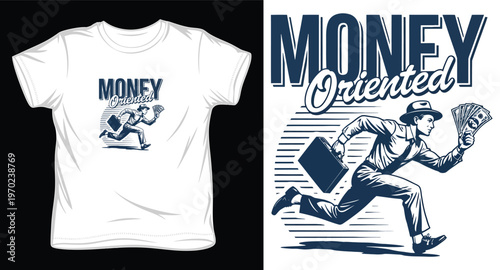 Money oriented man running with briefcase and cash, vintage illustration style