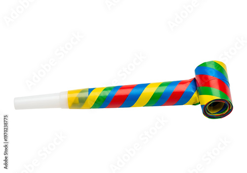 A colorful party noisemaker with vibrant red, yellow, green, and blue stripes lies diagonally on a black background.