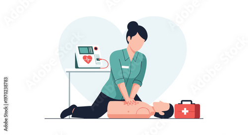 A professional female medical instructor performs precise chest compressions on a training mannequin next to a digital heart monitor and a red emergency kit.