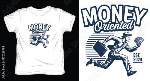 Money oriented man running with briefcase and cash, vintage illustration style est 2024