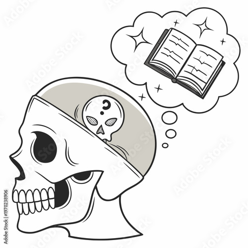 Skull with question mark and book thought bubble puzzle