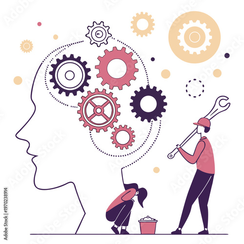 Workers fixing brain gears tools wrench