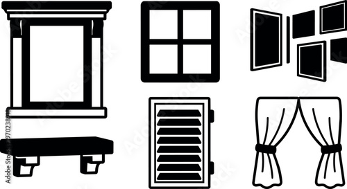 Black and white silhouette window shutter curtain shelf and photo frame vector art