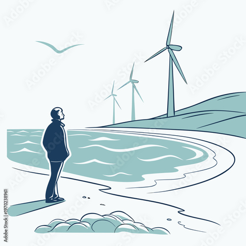 Man standing by the ocean with wind turbines seagull