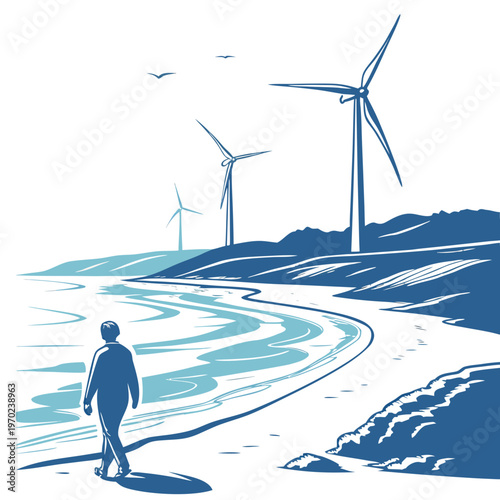 Man walking on a beach with wind turbines seagulls