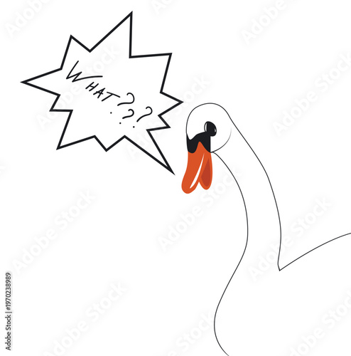 Minimal swan illustration with a curved neck and expressive head. A comic style speech bubble adds a humorous surprised reaction that gives the character personality and emotion.