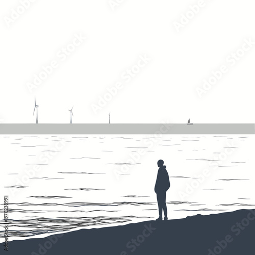 Man standing by water wind turbines boat