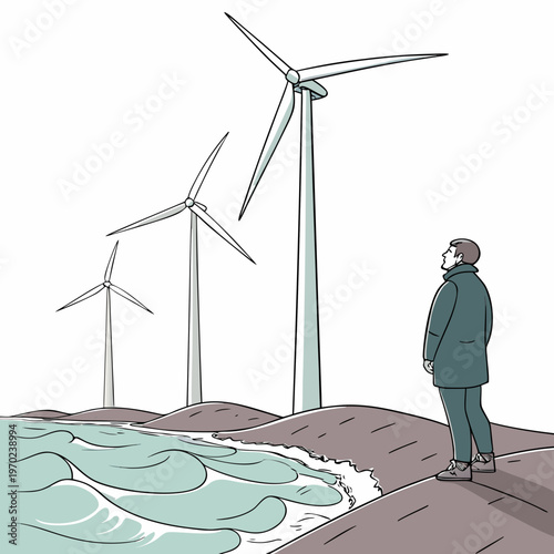 Man looking at wind turbines by the sea waves coastline
