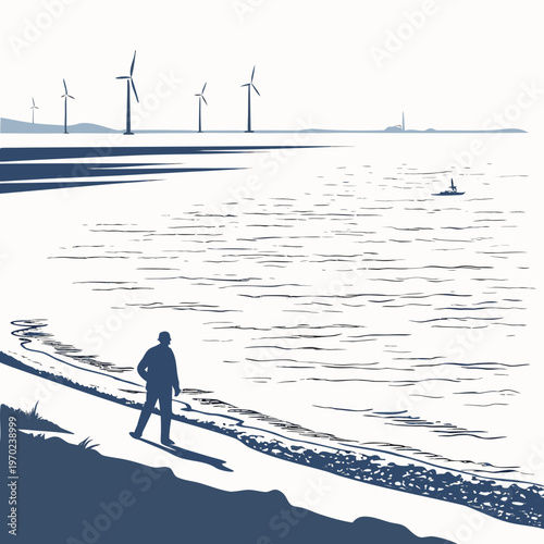 Man walking on beach wind turbines boat