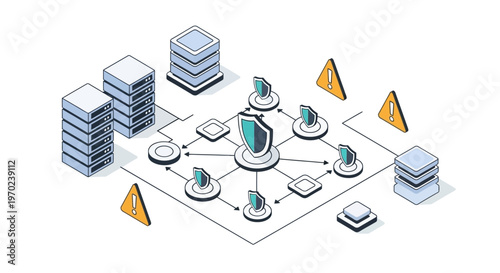 Cybersecurity Isometric Illustration of Data Center Protection, Network Security Shields, Cloud Server Safety, and Cyber Threat Detection System