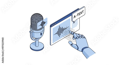 AI Voice to Text Transcription Isometric Illustration with Robotic Hand, Microphone, and Digital Audio Wave interface for Speech Recognition Technology
