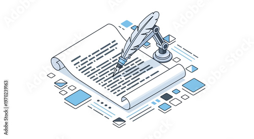 AI Content Creation and Automated Copywriting Isometric Illustration: Robotic Arm Writing on a Scroll with a Quill Pen