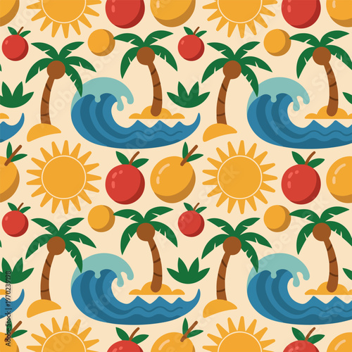 Seamless pattern of tropical summer elements with palm trees