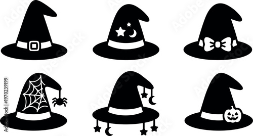 Collection of six black witch hats with halloween icons and decorations