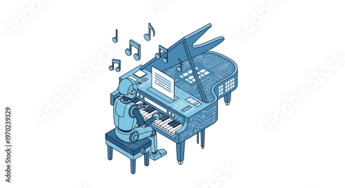 AI Robot Playing Grand Piano Isometric Illustration, Machine Learning Music Composition and Futuristic Technology Concept
