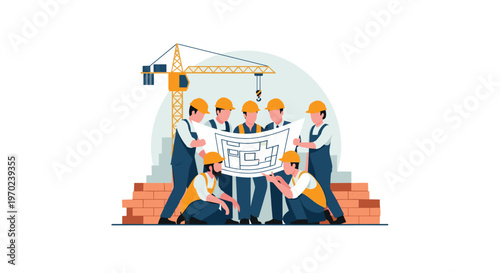 A diverse team of construction workers wearing blue overalls and yellow hardhats gather closely to review a large architectural blueprint on a building site.