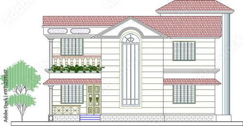Detailed Old Apartment Building Elevation Design with Classic Architecture Technical Specifications and Vintage Hotel Dimension Lines