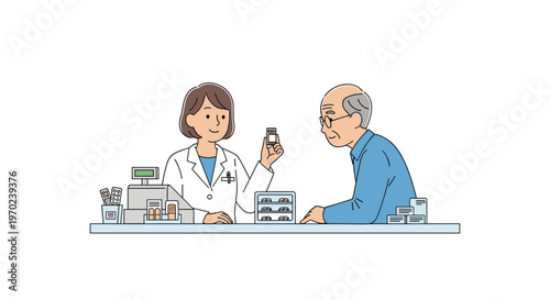 An illustration shows a female pharmacist holding a medicine bottle and talking to an elderly male customer at a counter.