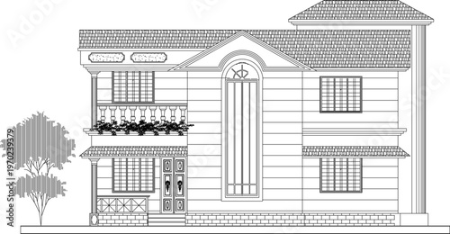 Detailed Old Apartment Building Elevation Design with Classic Architecture Technical Specifications and Vintage Hotel Dimension Lines