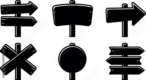 Black silhouette wooden directional signpost icons set vector art