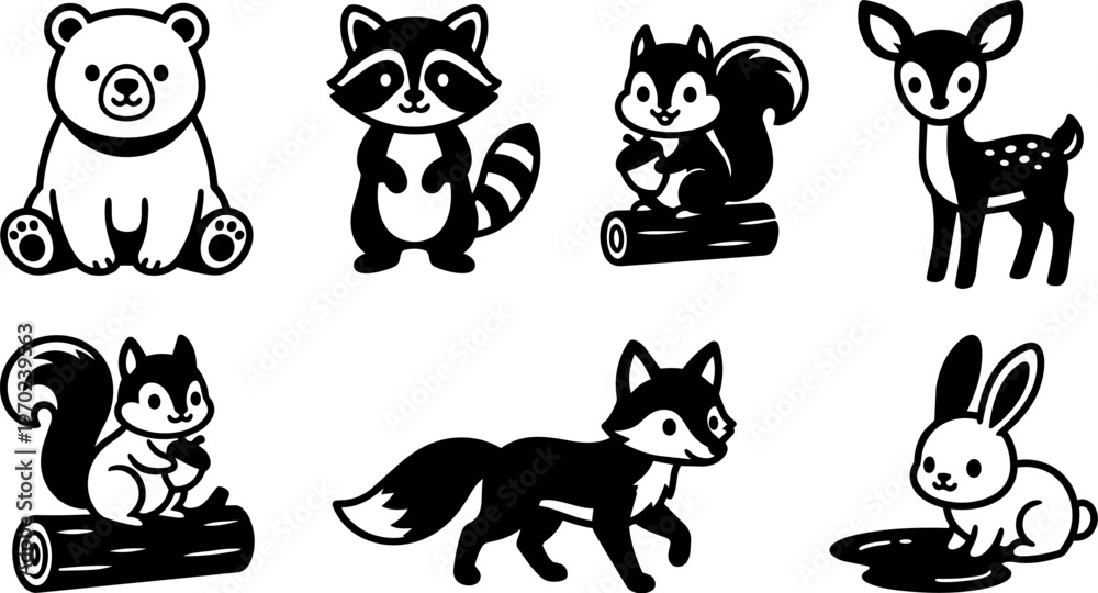 Fototapeta premium Black and white woodland animals vector art with bear fox rabbit and deer