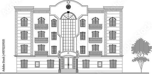Detailed Technical Graphic of a Vintage Apartment Front Facade Showcasing Old Hotel Building Window Patterns and Classic Architecture Scales 