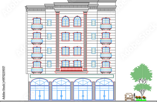 Technical Architecture Blueprint of a Classic Multi-Storey Hotel Building Featuring Vintage Facade Proportions and Old Apartment Design Elements