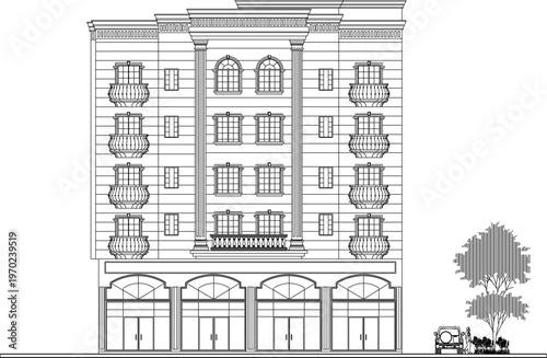 Technical Architecture Blueprint of a Classic Multi-Storey Hotel Building Featuring Vintage Facade Proportions and Old Apartment Design Elements 