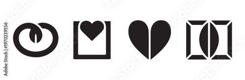 Four different stylized black heart icons showcasing loops squares and jewel facets