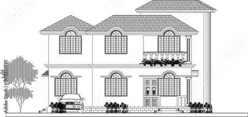 Architecture Drafting of a Vintage Retail Building Facade Featuring Classic Arched Entryways and Old Technical Elevation Scaling