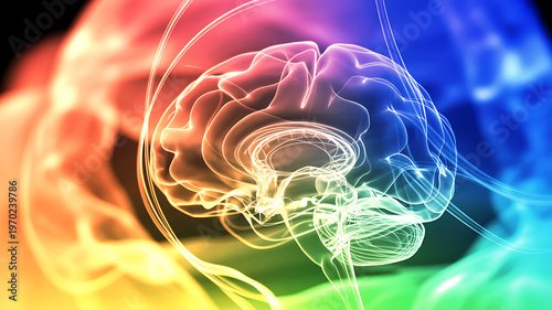 Abstract human brain with glowing lines and particles against a colorful gradient background representing neurological activity artificial intelligence and data processing.
