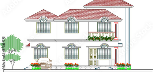 Architecture Drafting of a Vintage Retail Building Facade Featuring Classic Arched Entryways and Old Technical Elevation Scaling