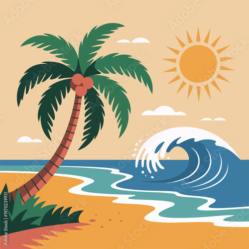 Tropical beach scene with palm tree sun and ocean wave