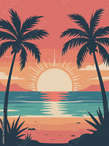 Two Palm Trees Silhouetted Against a Sunset Over the Ocean