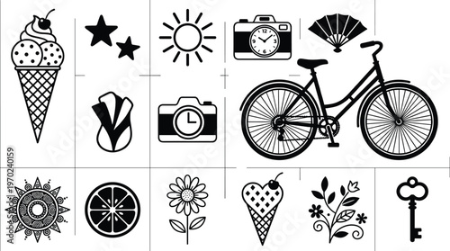 Black cat silhouette collection featuring sitting standing and sleeping poses with heart shape, minimalist feline vector icons for pet design