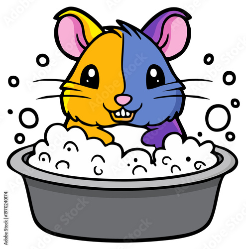 Cute cartoon hamster enjoying a bubble bath in a tub
