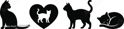 Black cat silhouette set featuring sitting standing sleeping poses and heart shape, minimalist feline vector icons for pet lovers design