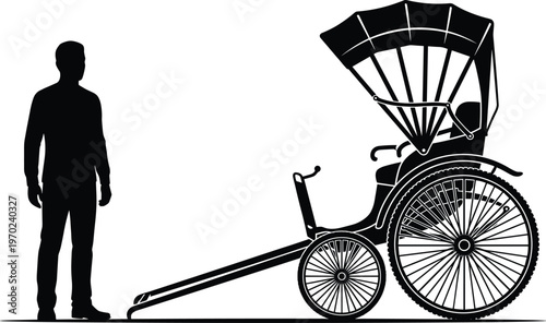 Black silhouette of a traditional rickshaw with a man standing nearby, historical transport icon, vintage carriage vector for travel, and culture.