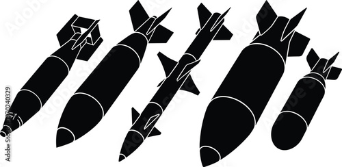 Black silhouette set of missiles, bombs, rockets, military weapons, isolated on white background, modern warfare concept illustration high contrast graphic