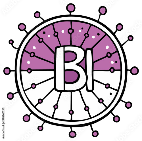 Hand Drawn Letter Bi in Circle Design with Dots and Spikes, Geometric Symbol
