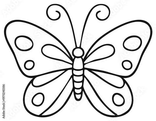 Simple Outline Drawing of a Butterfly with Swirling Antennae and Spotted Wings