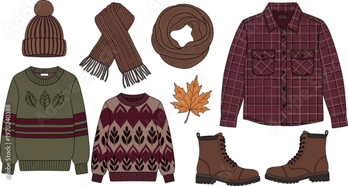 Autumn clothing vector set with sweater, scarf, beanie hat, boots and plaid shirt cozy fall fashion collection illustration