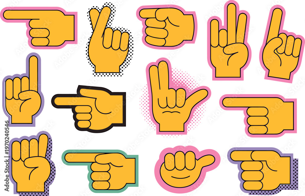 Fototapeta premium Set of pointing hands and other gestures in pop art style vector illustrations