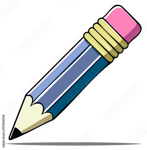 Vibrant blue cartoon pencil with a pink eraser and sharp graphite tip for learning and art
